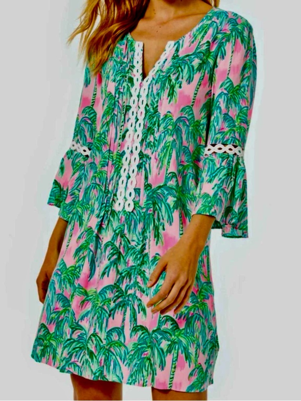 Lilly Pulitzer Pink Dress with Green Palm Print and White Eyelet Trim